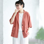 L-XL シフォン 夏でも涼しい 無地 七分袖 ノーマルスリーブ ボタン エレガント スーツジャケット L ブルー