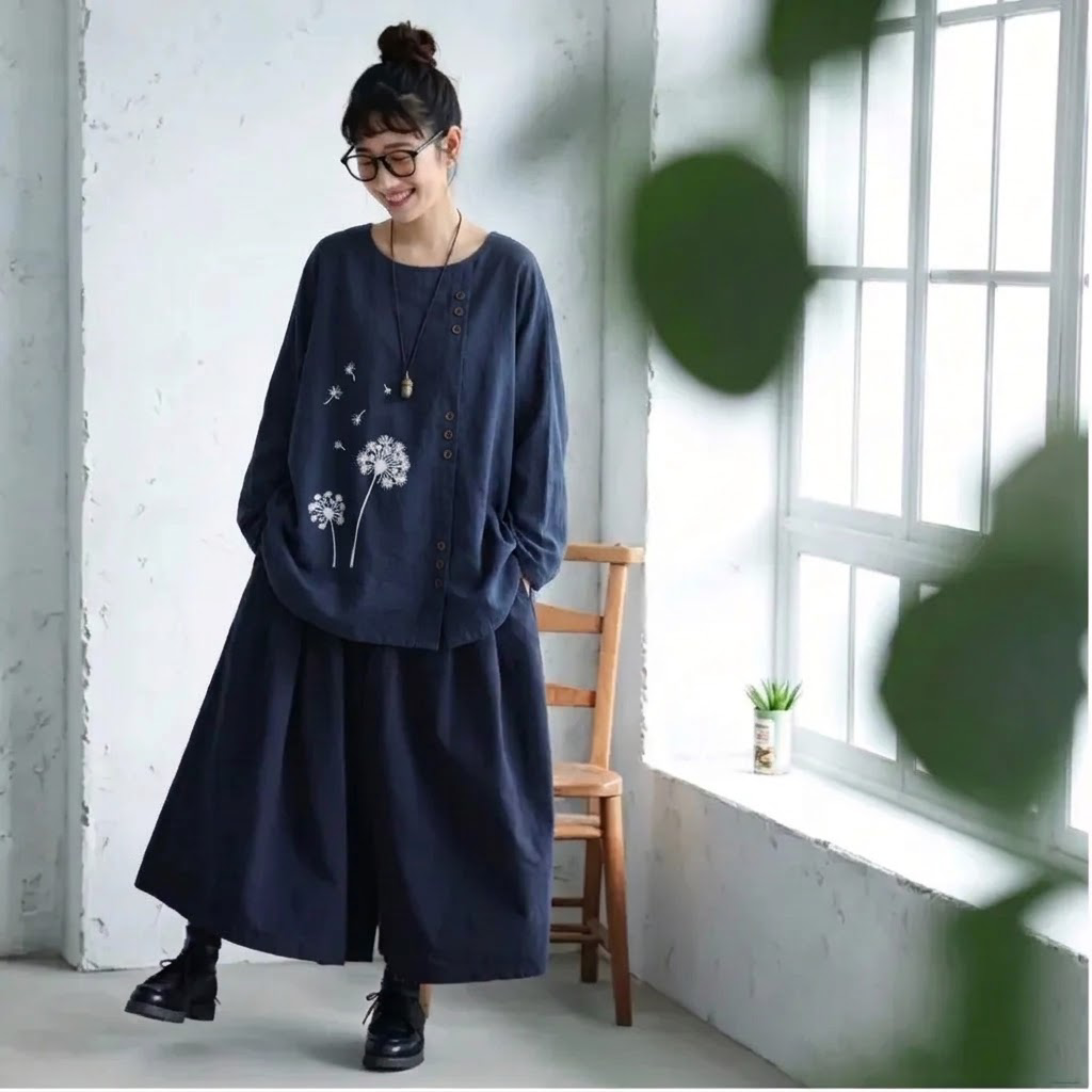 M-5XL 綿麻混 プリント ラウンドネック 切り替え 森ガール シャツ M ダークブルー