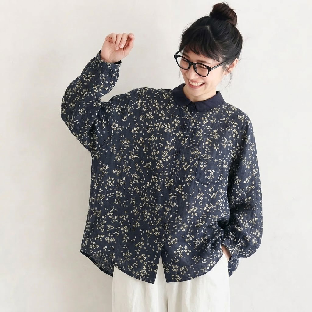 M-2XL リネン プリント 総柄 長袖 花柄 シンプル シャツ M 小花柄
