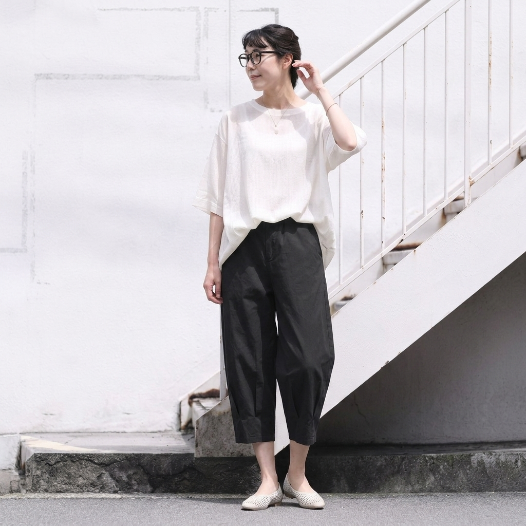 S-2XL 綿麻 通気性良い プリーツ 8分丈 カジュアルパンツ S ホワイト