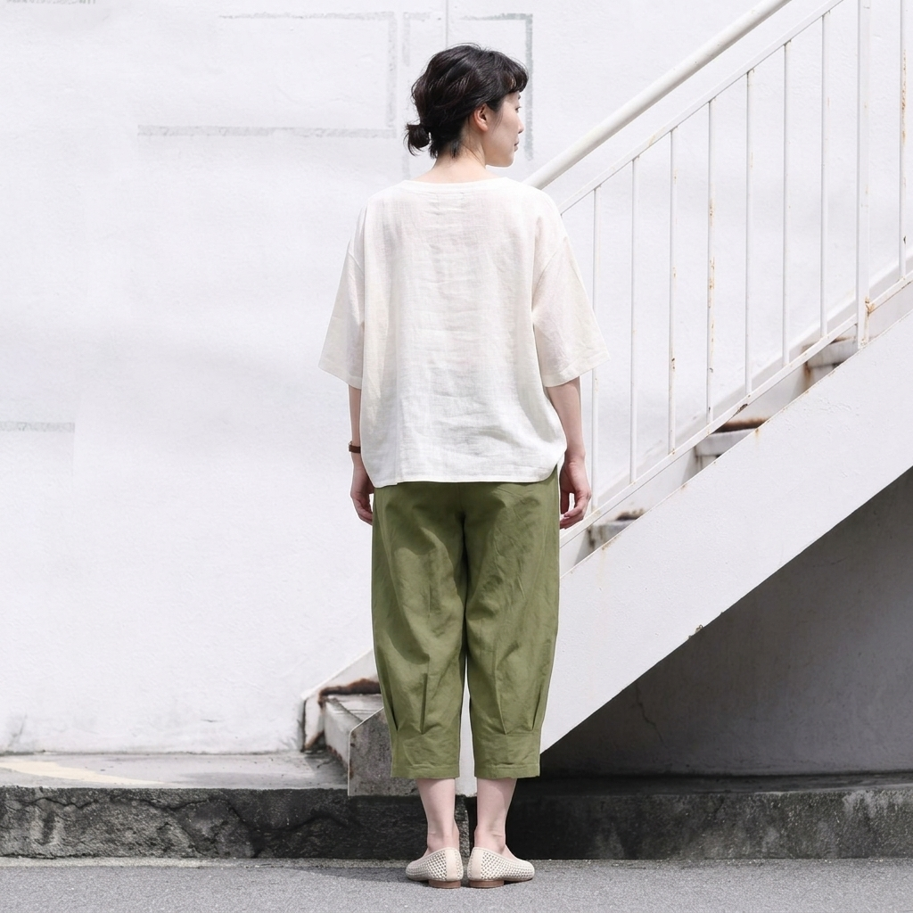 S-2XL 綿麻 通気性良い プリーツ 8分丈 カジュアルパンツ S ホワイト