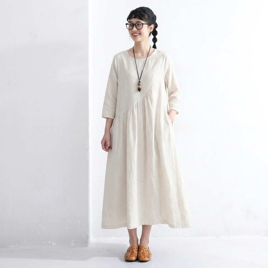M-2XL 秋待ちのコットンリネンワンピース 2XL ホワイト