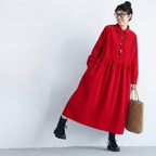M-2XL コーデュロイ 長袖 プリーツ 無地 ノーマルスリーブ レトロ 長袖ワンピース M ネイビー