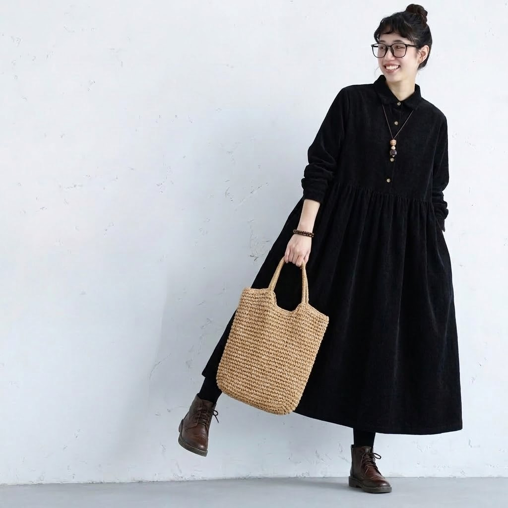 M-2XL コーデュロイ 長袖 プリーツ 無地 ノーマルスリーブ レトロ 長袖ワンピース 2XL ブラック