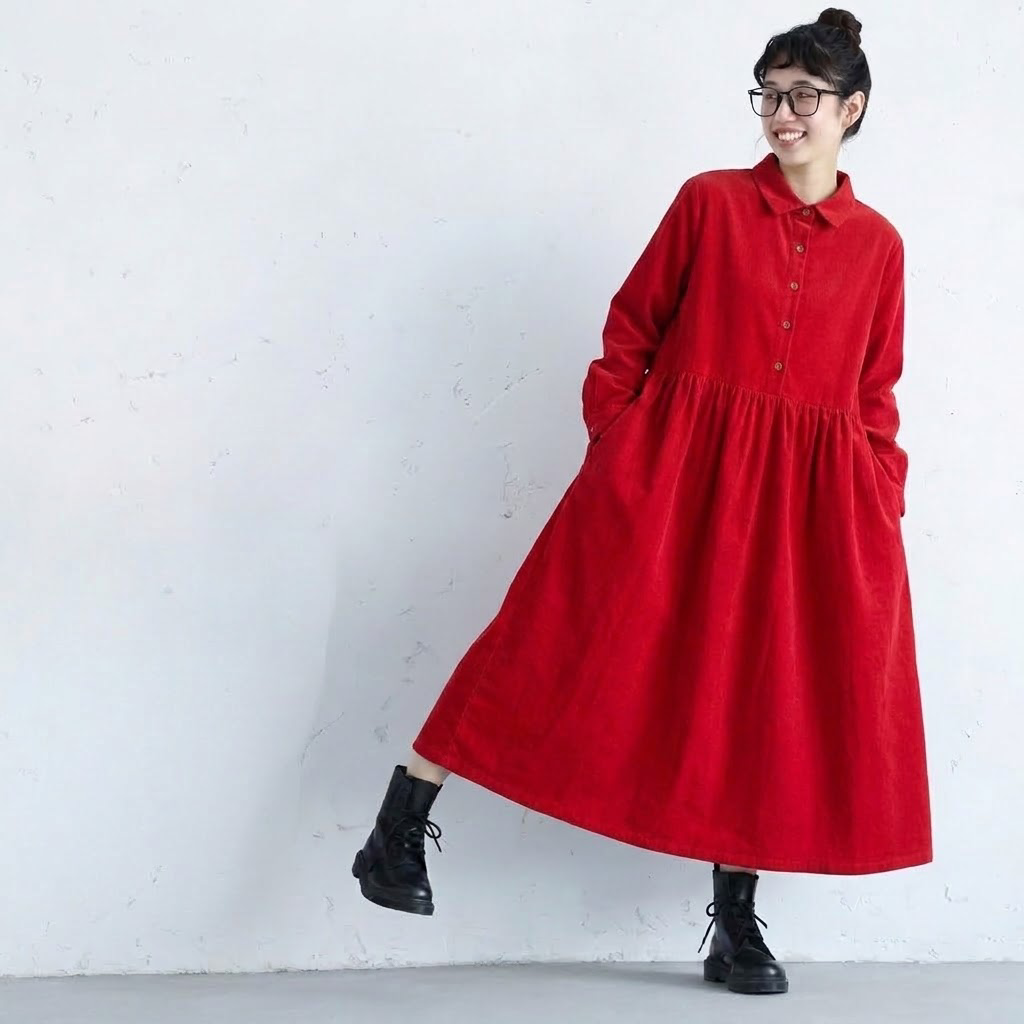 M-2XL コーデュロイ 長袖 プリーツ 無地 ノーマルスリーブ レトロ 長袖ワンピース 2XL レッド