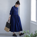 M-2XL コーデュロイ 長袖 プリーツ 無地 ノーマルスリーブ レトロ 長袖ワンピース 2XL ネイビー