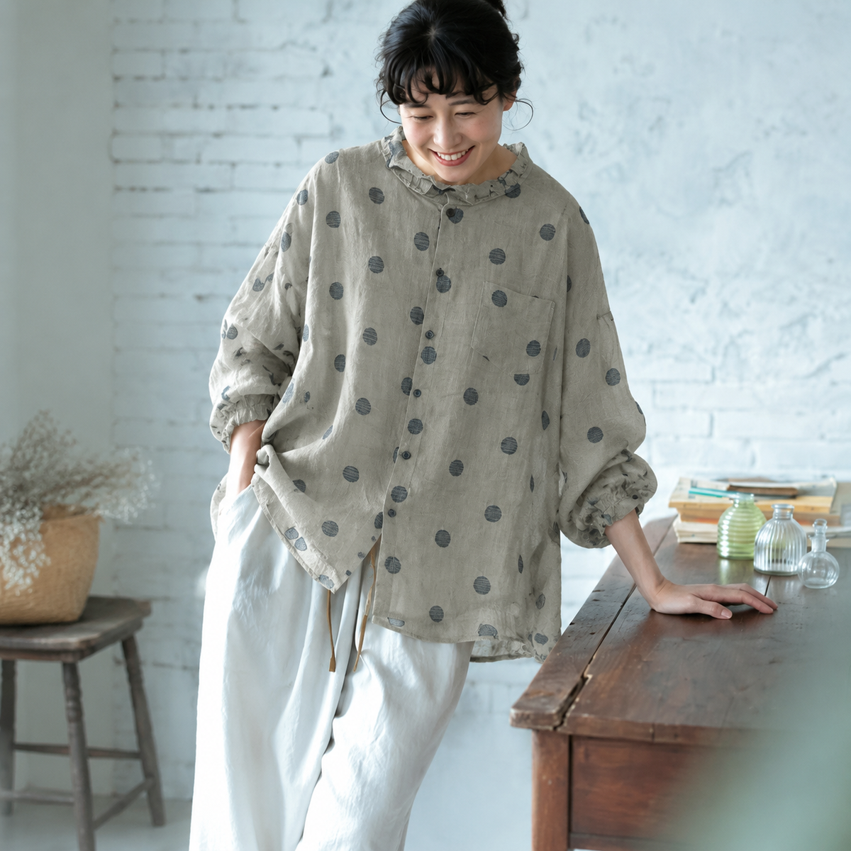 M-2XL 綿麻 レトロ スタンドネック カジュアル シャツ M 写真通り