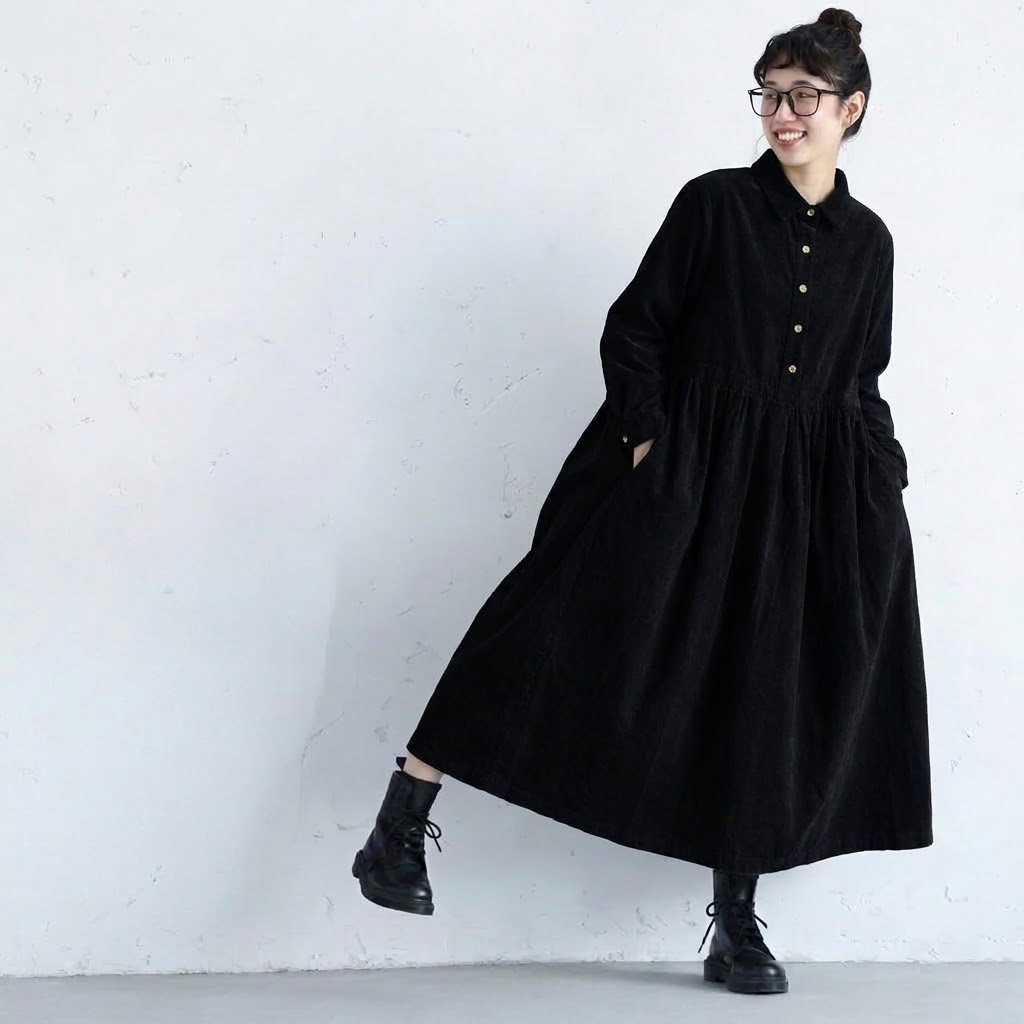 M-2XL コーデュロイ 長袖 プリーツ 無地 ノーマルスリーブ レトロ 長袖ワンピース M ネイビー