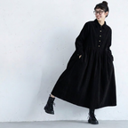 M-2XL コーデュロイ 長袖 プリーツ 無地 ノーマルスリーブ レトロ 長袖ワンピース M ネイビー
