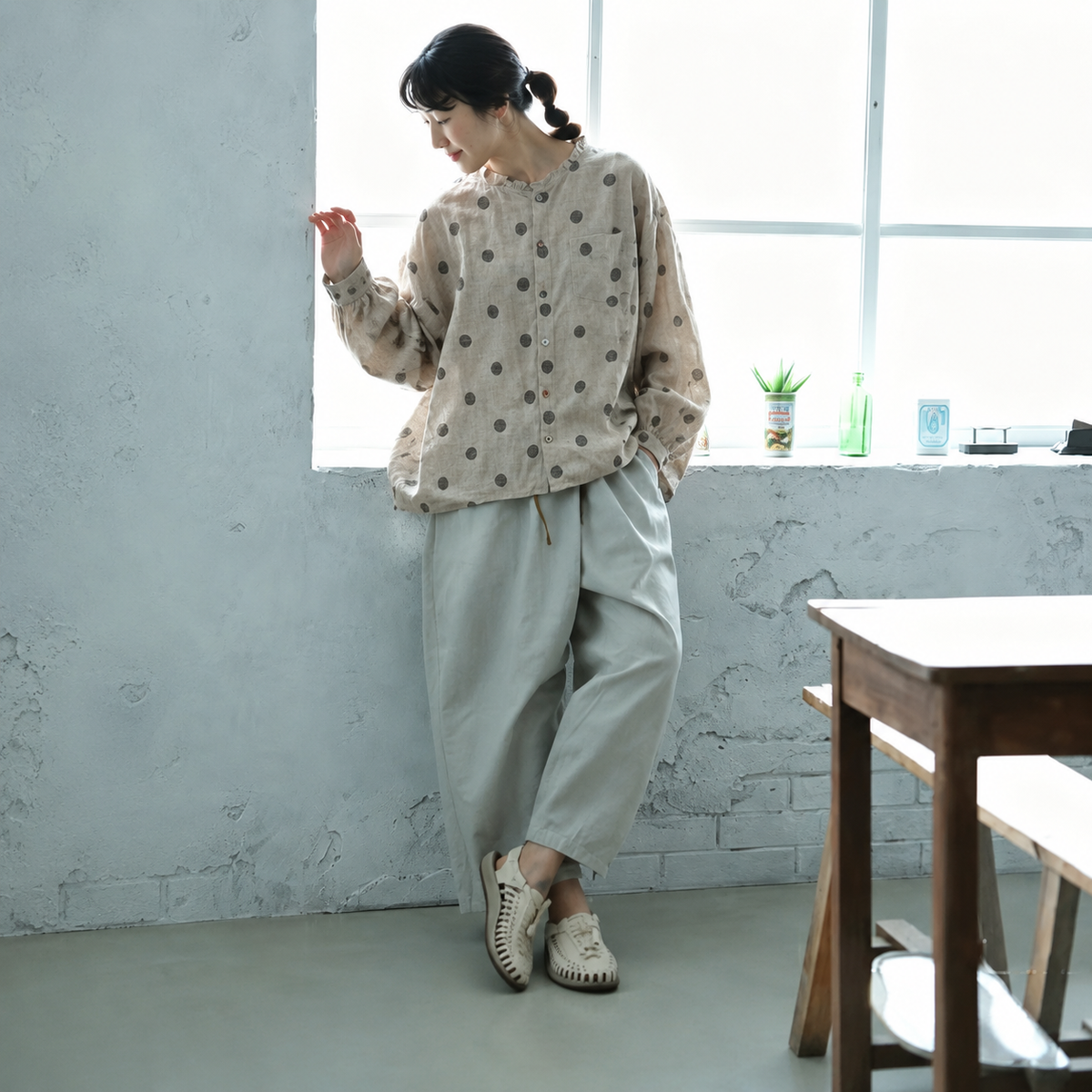 M-2XL 綿麻 レトロ スタンドネック カジュアル シャツ M 写真通り