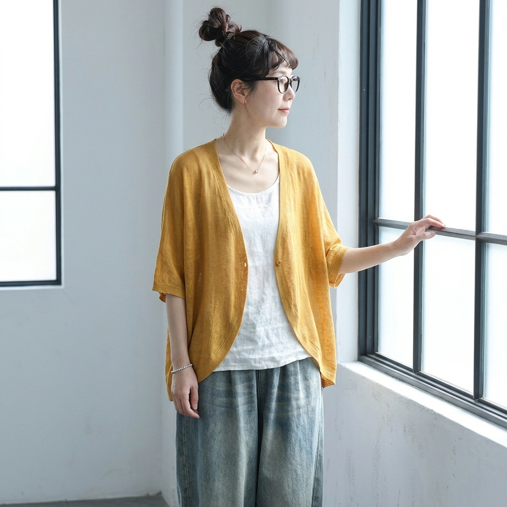 M-2XL 接触冷感無地麻カーディガン｜棚田ドライブ・穀物マルシェ立ち寄りに M イエロー