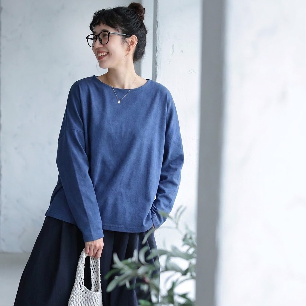 ML 丸襟 ゆったり ロングスリーブ インナー 心地よい気候 Ｔシャツ L ブルー