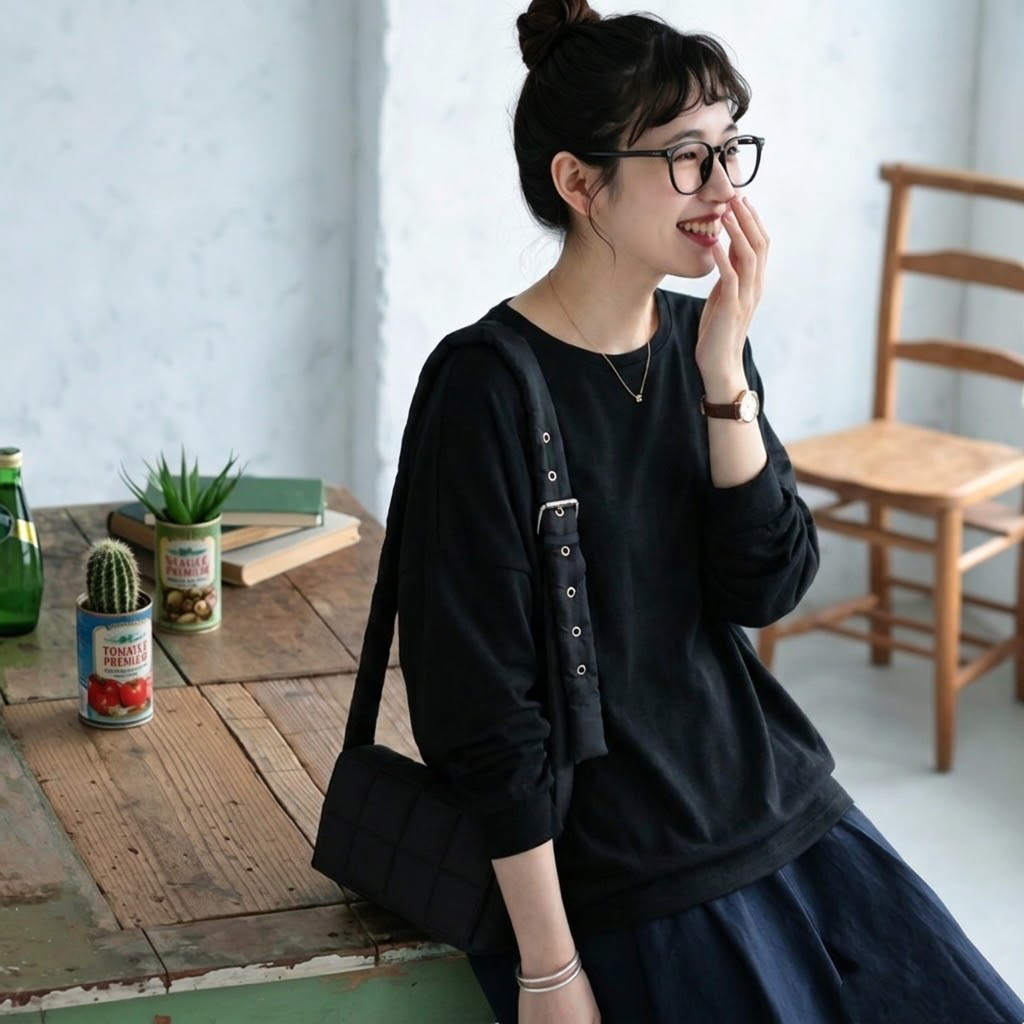 ML 丸襟 ゆったり ロングスリーブ インナー 心地よい気候 Ｔシャツ L ブラック