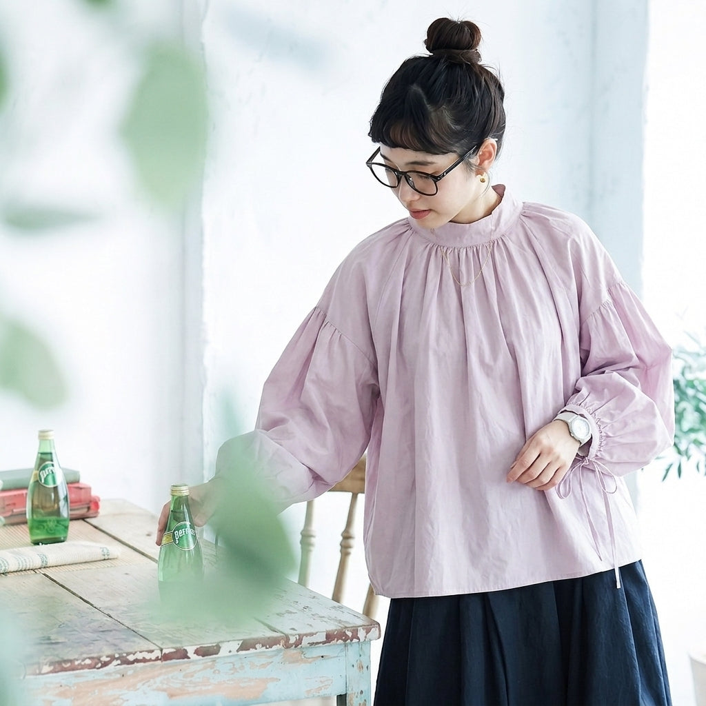 F テクスチャ 無地 ボウタイ 女っぽさが漂う シャツ フリー ピンク