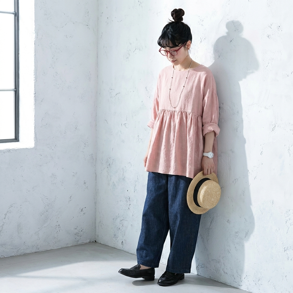 M~2XL 綿麻 無地 着痩せ効果ブラウス M ピンク