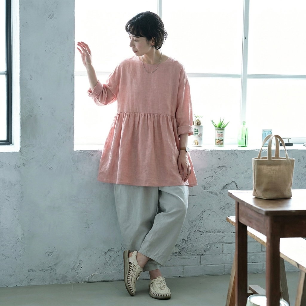 M~2XL 綿麻 無地 着痩せ効果ブラウス M ピンク