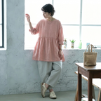 M~2XL 綿麻 無地 着痩せ効果ブラウス M ピンク