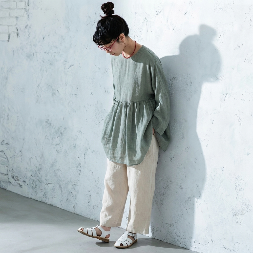 M~2XL 綿麻 無地 着痩せ効果ブラウス M ピンク