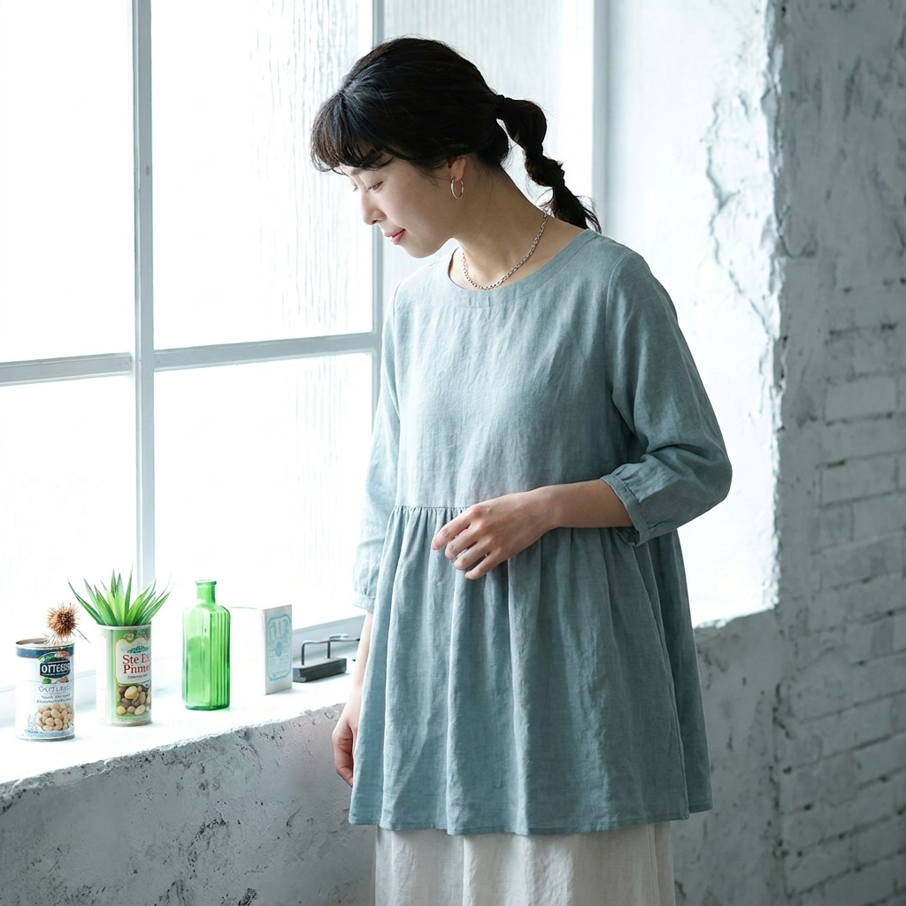 M~2XL 綿麻 無地 着痩せ効果ブラウス M ピンク