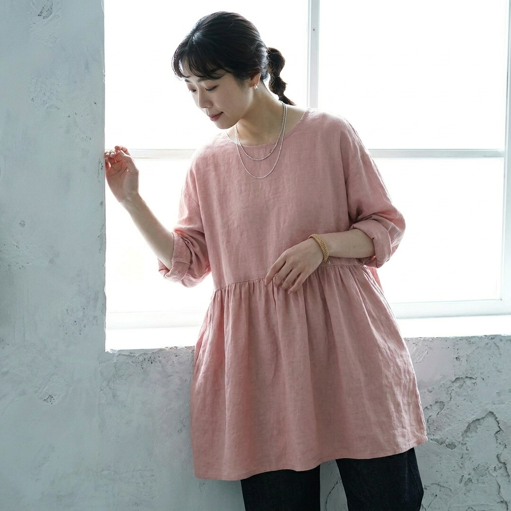 M~2XL 綿麻 無地 着痩せ効果ブラウス M ピンク