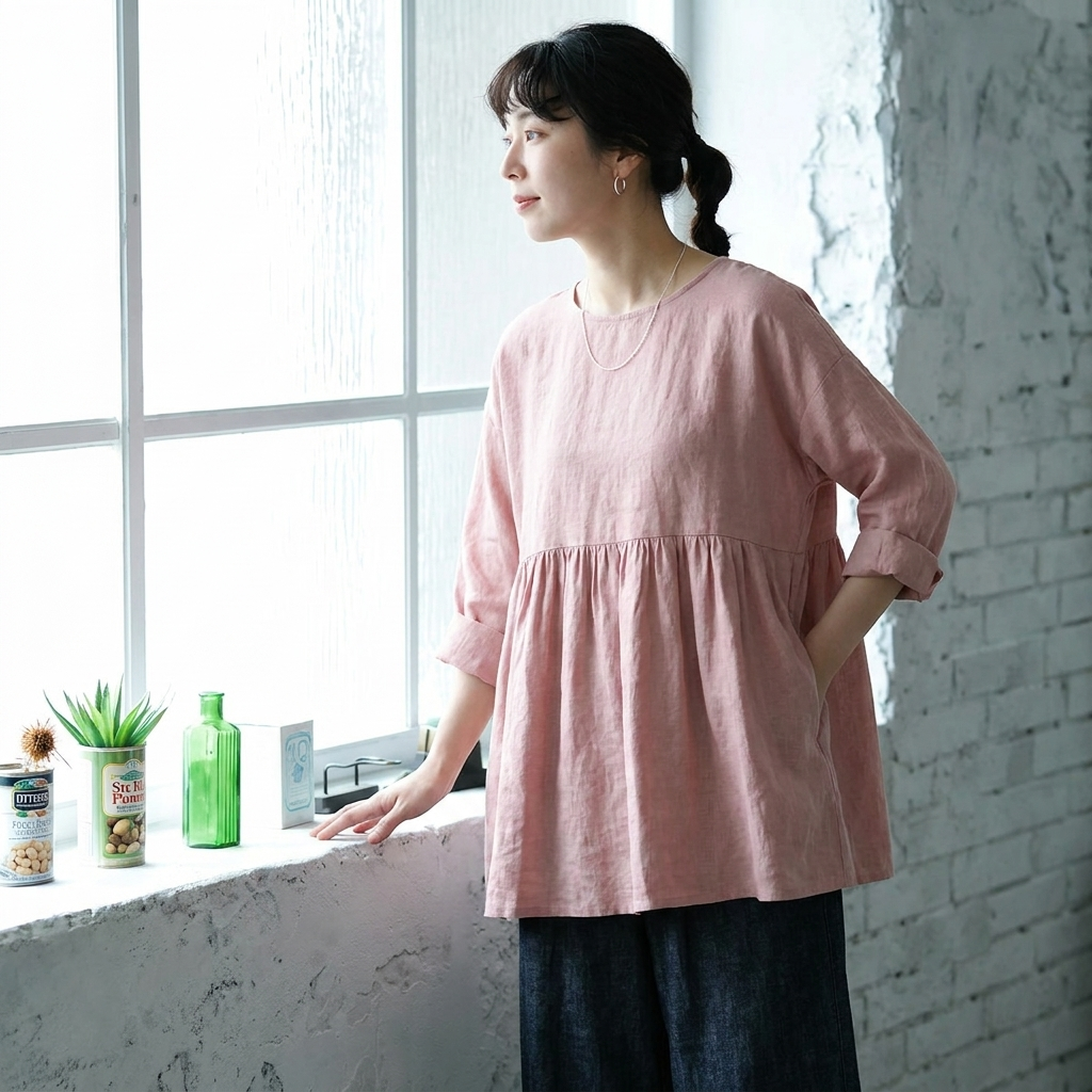 M~2XL 綿麻 無地 着痩せ効果ブラウス M ピンク