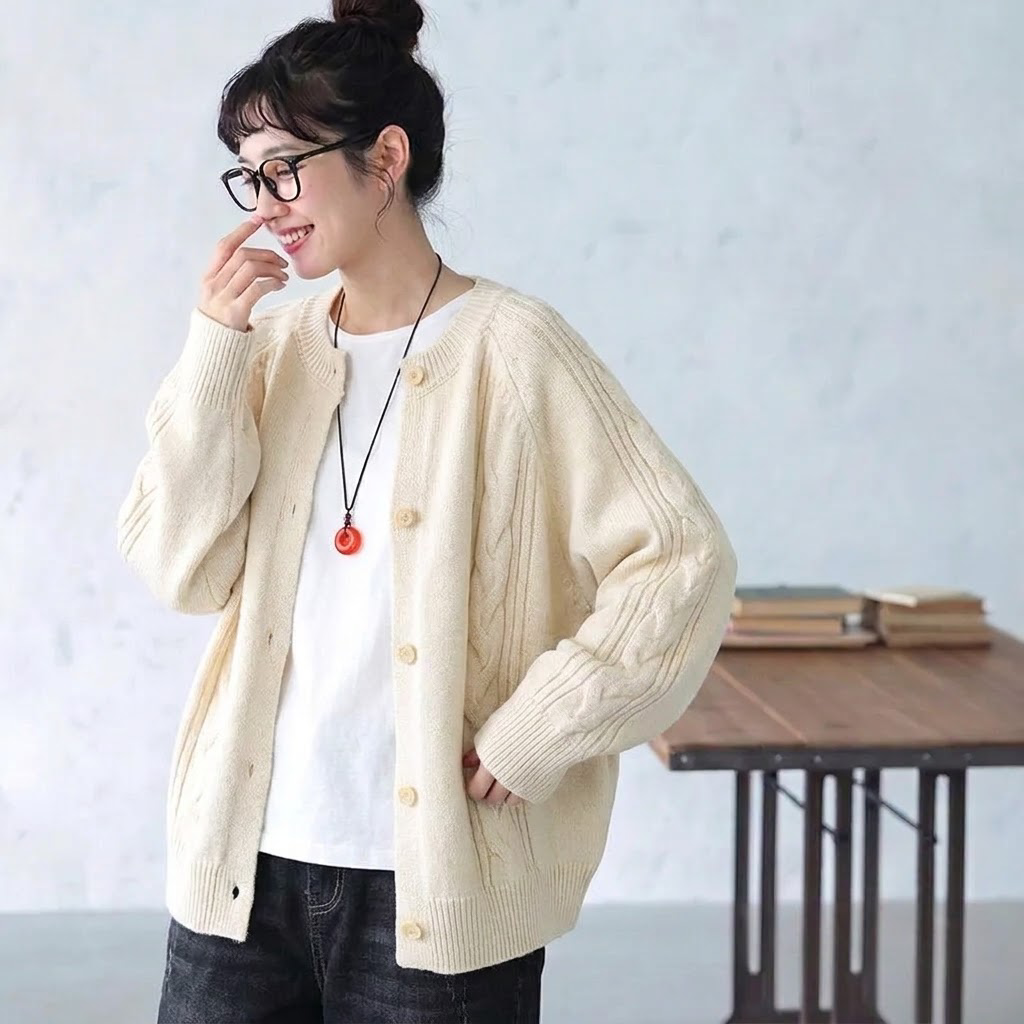 S-2XL 無地 ボタン ラウンドネック シンプル カーディガン S ピンク