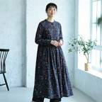 M-2XL Aライン リボン ボタン 長袖 プリント 定番 プリントワンピース M ネイビー