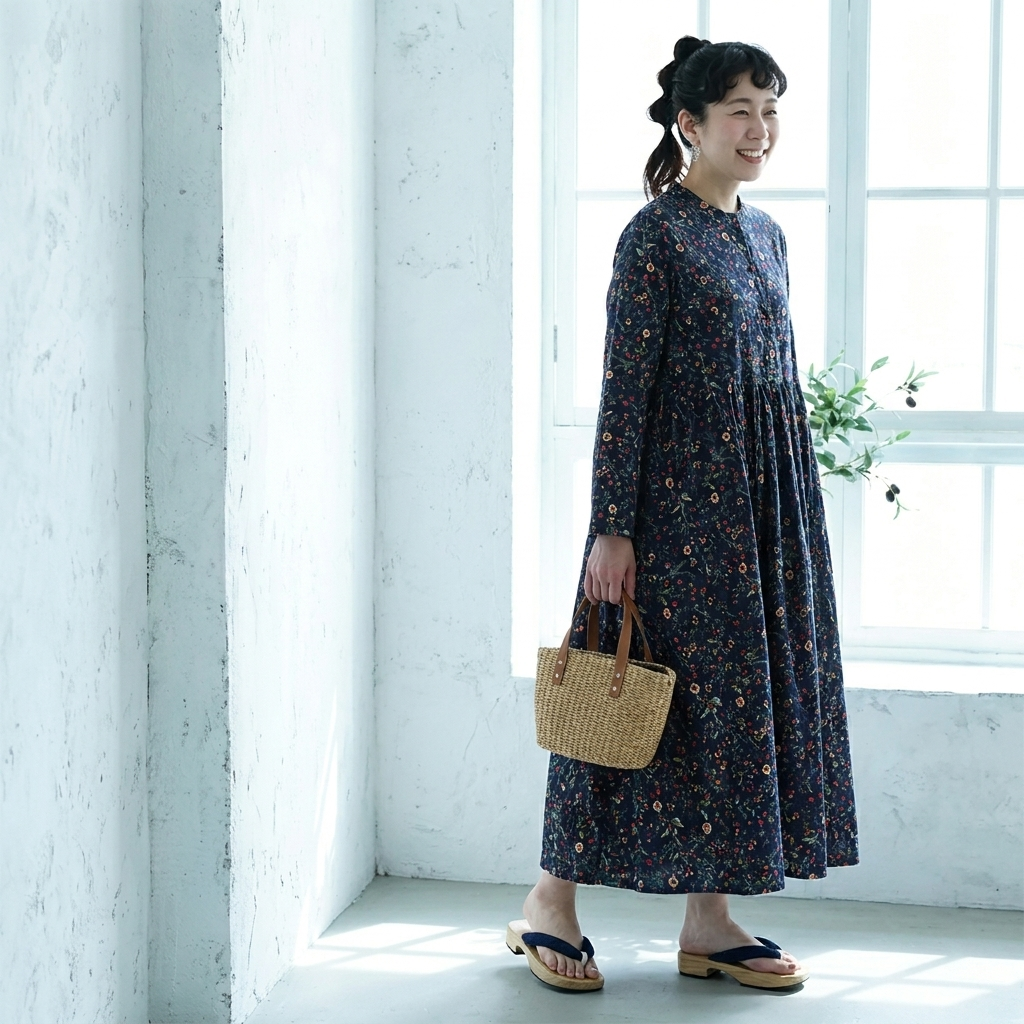 M-2XL Aライン リボン ボタン 長袖 プリント 定番 プリントワンピース M ネイビー