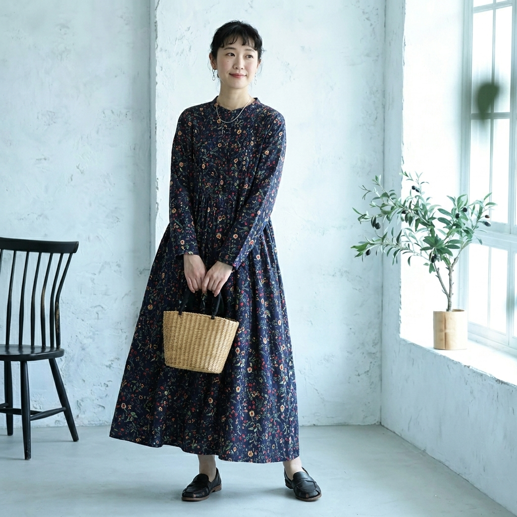M-2XL Aライン リボン ボタン 長袖 プリント 定番 プリントワンピース M ネイビー