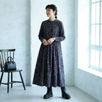 M-2XL Aライン リボン ボタン 長袖 プリント 定番 プリントワンピース M ネイビー