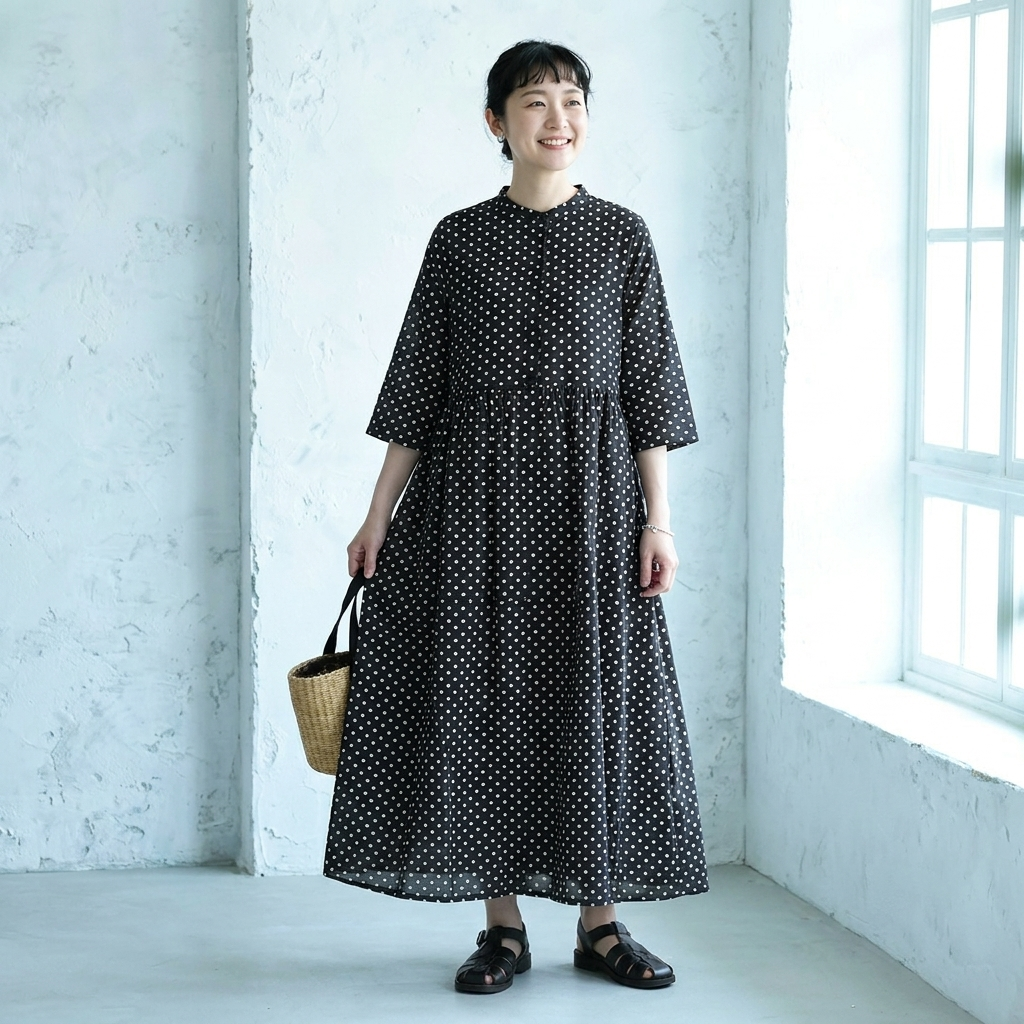 SML コットン ロングラウンドネックプリーツ9分袖カジュアルワンピース S ブラック