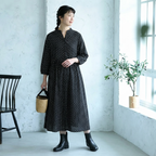 SML コットン ロングラウンドネックプリーツ9分袖カジュアルワンピース S ブラック