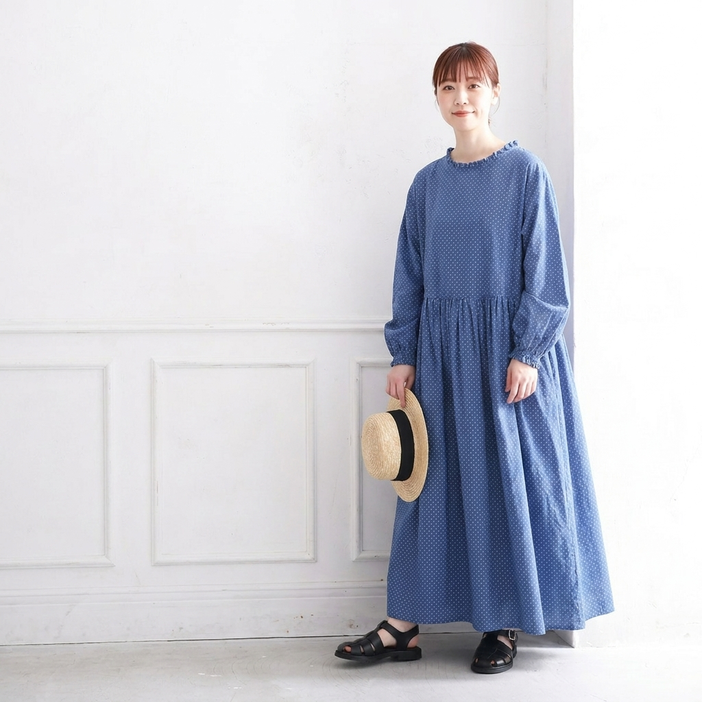 フリーサイズ 長袖 プルオーバー ラウンドネック ストレート ドット柄 カジュアル ワンピース フリー ブルー