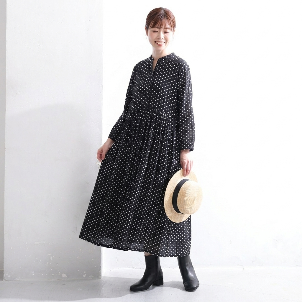 SML コットン ロングラウンドネックプリーツ9分袖カジュアルワンピース L ブラック