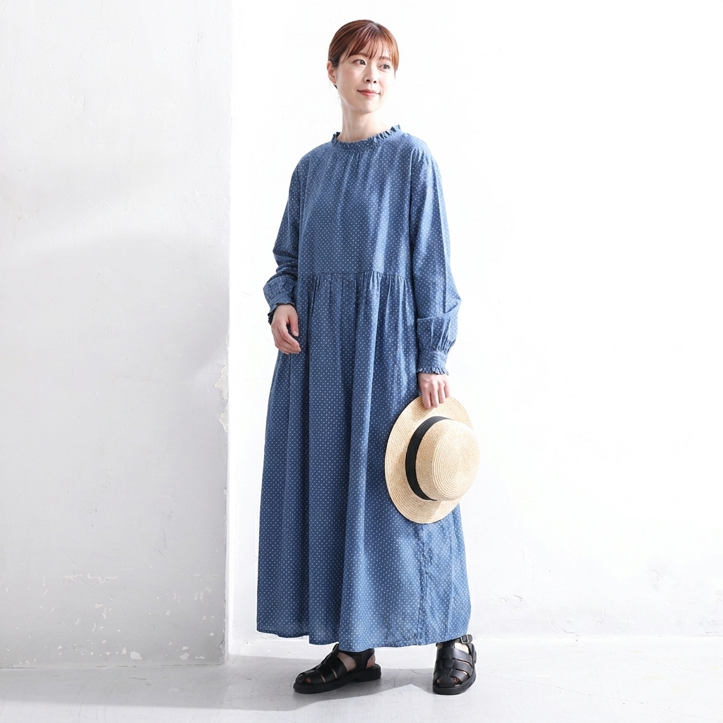 フリーサイズ 長袖 プルオーバー ラウンドネック ストレート ドット柄 カジュアル ワンピース フリー ブルー