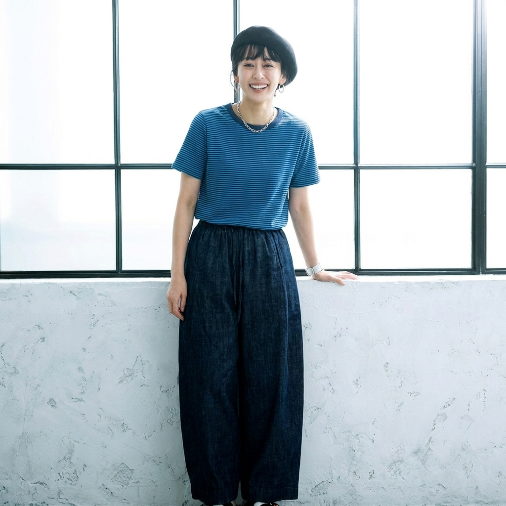 M-L 無地 ベルト付き アンクル丈 体型カバー カジュアル ジーンズ M ダークブルー